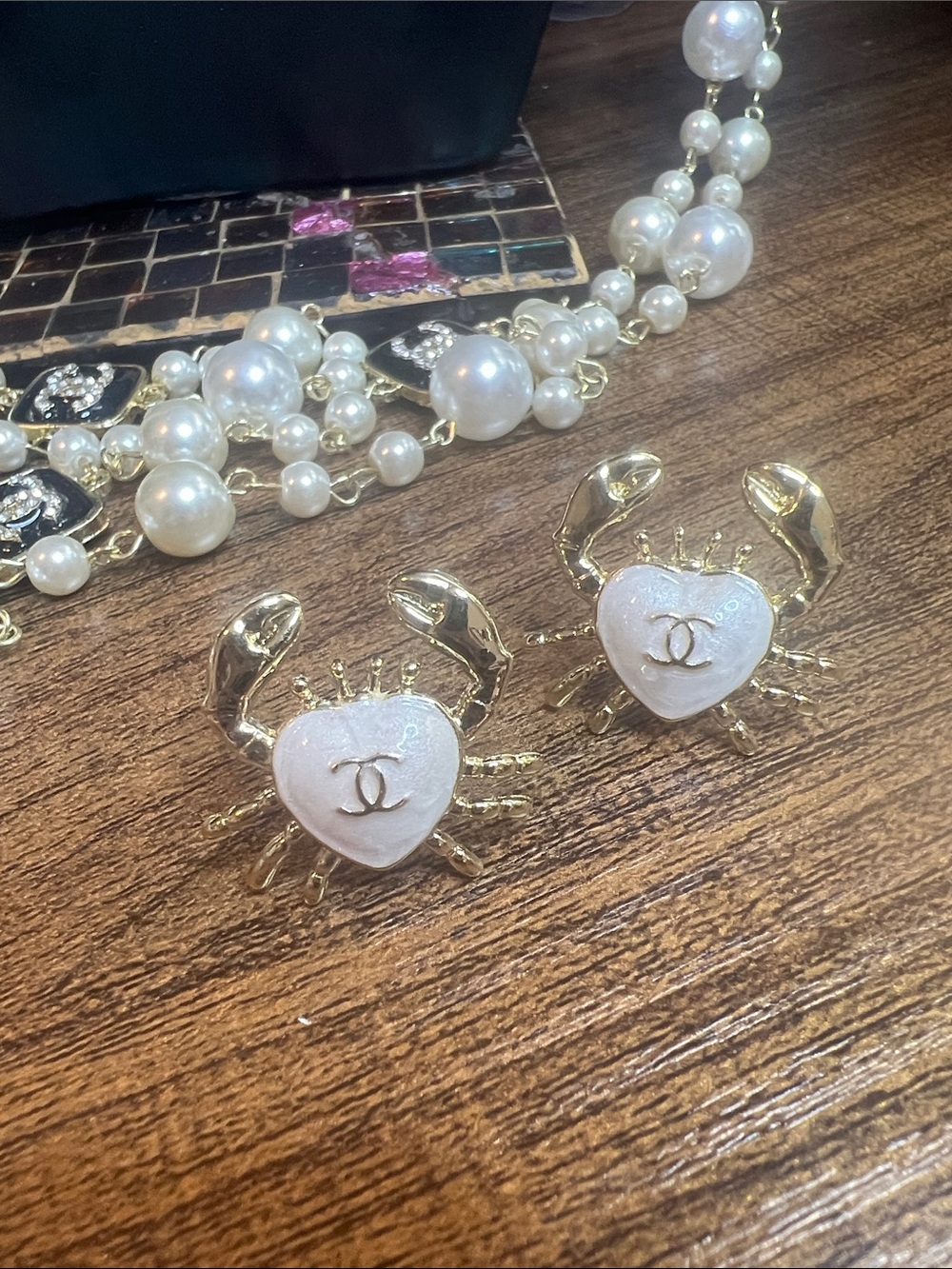 Gold Crab Heart Earrings with White Pearlized Center